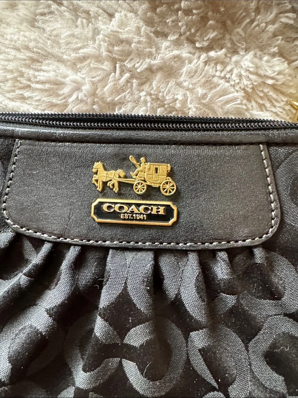 Coach Black Signature Jacquard Pleated Wristlet with Gold Hardware